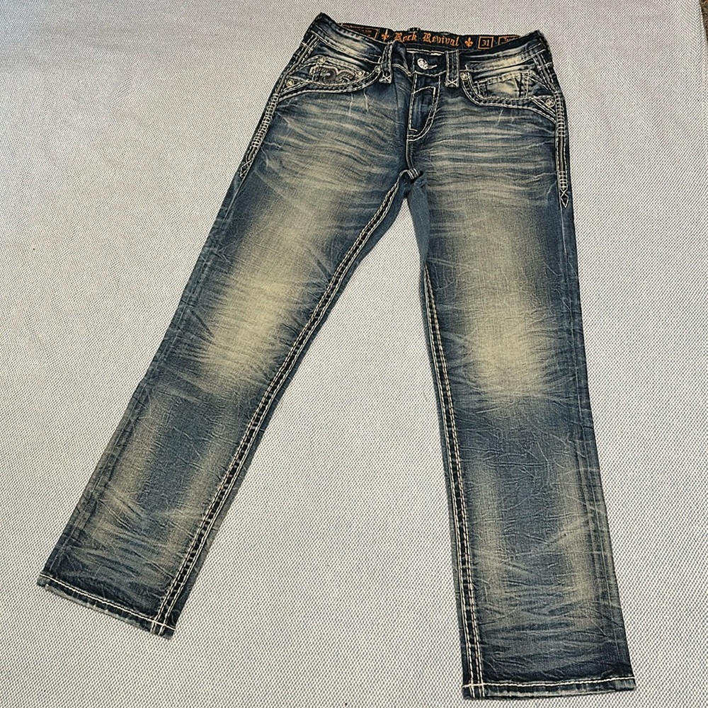 Rock Revival Men's Straight Jeans - Faded Blue with Whiskering